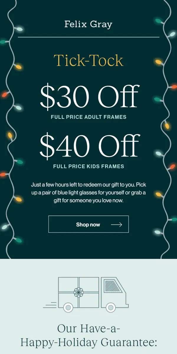 Email from Felix Gray. Final Hours: $30 off adult frames + $40 off kids frames