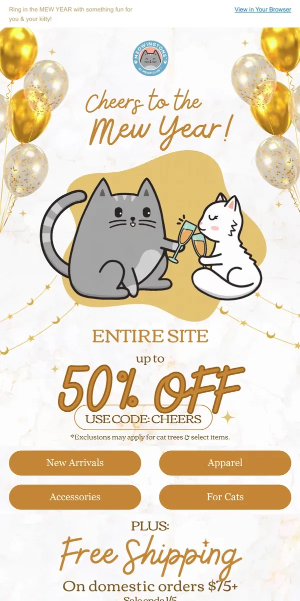 Email from Meowingtons. NEW YEAR SALE Starts Meow! 🥂