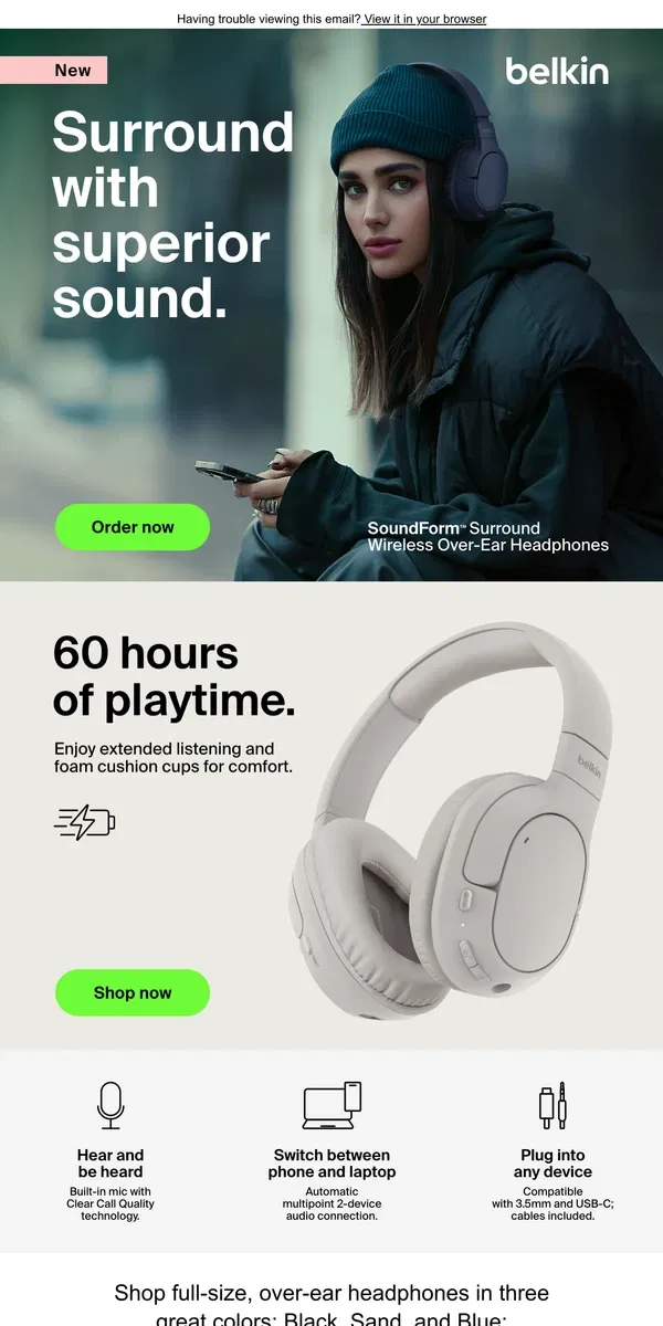 Email from Belkin. Shop great-sounding audio, now in Blue, too 🎧