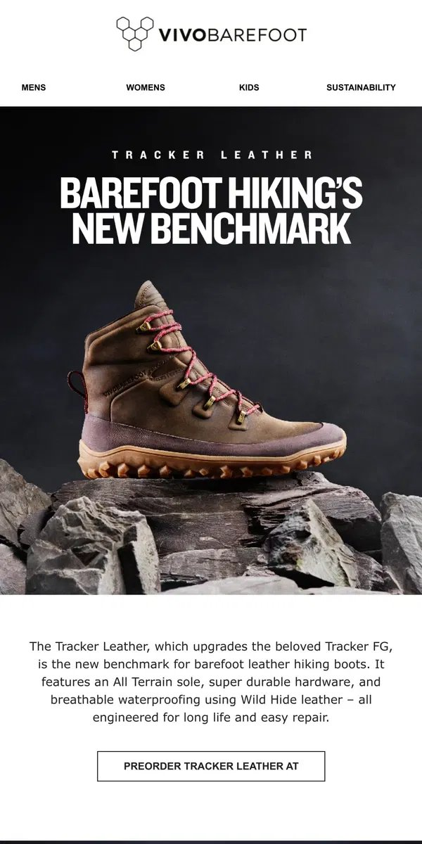 Email from Vivobarefoot. The NEW Tracker AT is here