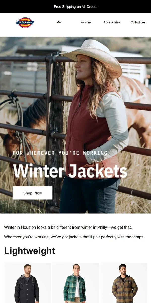 Email from Dickies. Winter Outerwear for Everyone