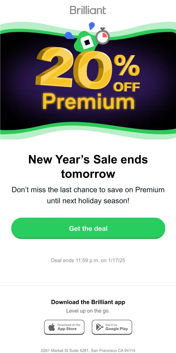 Email from Brilliant. ⏱ Last chance to save 20%, [Name]