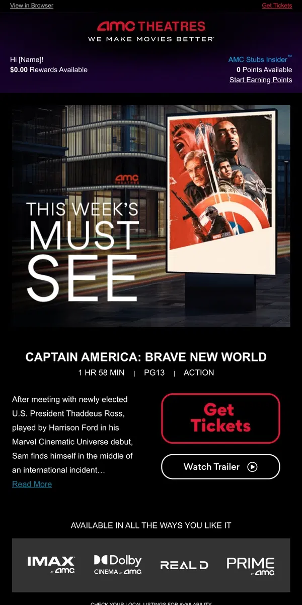 Email from AMC Theatres. [Name], Your Weekly Ticket Is Here