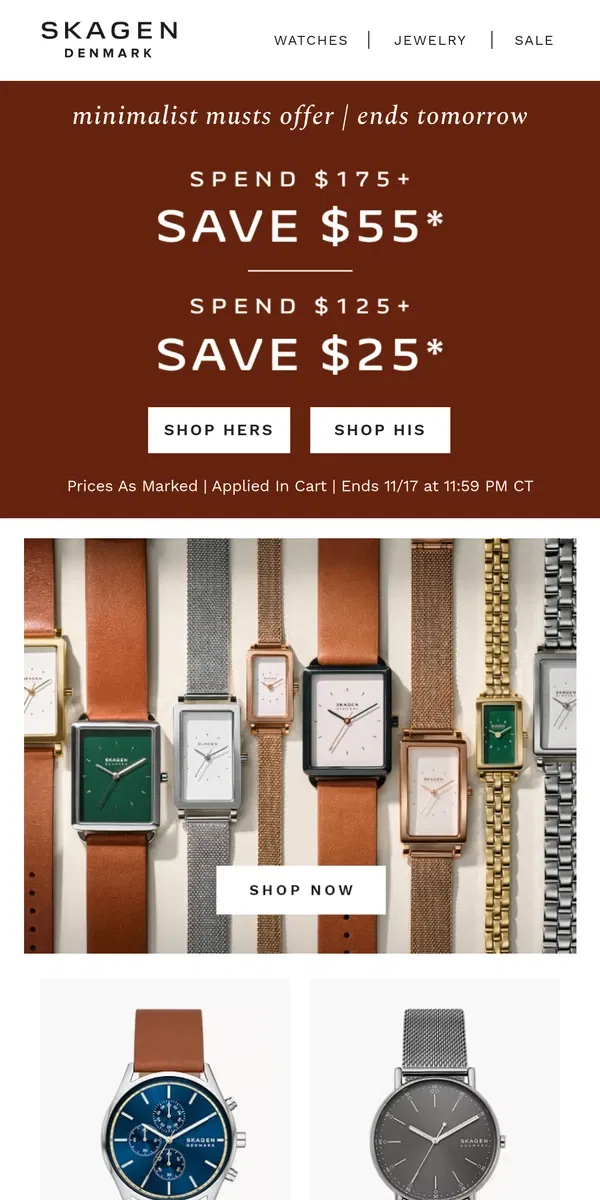 Email from Skagen. claim your $55 off minimalist musts.