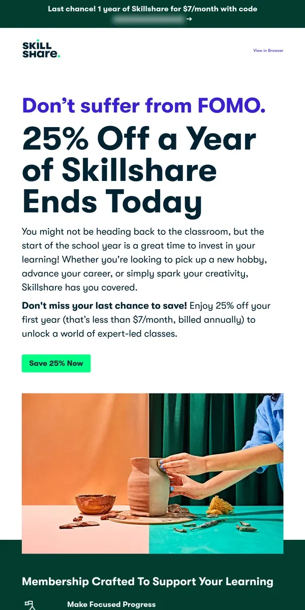 Email from Skillshare. 25% Off Ends Today