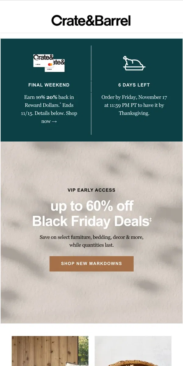 Email from Crate & Barrel. Up to 60% off Black Friday clearance + 2x rewards ends SOON →