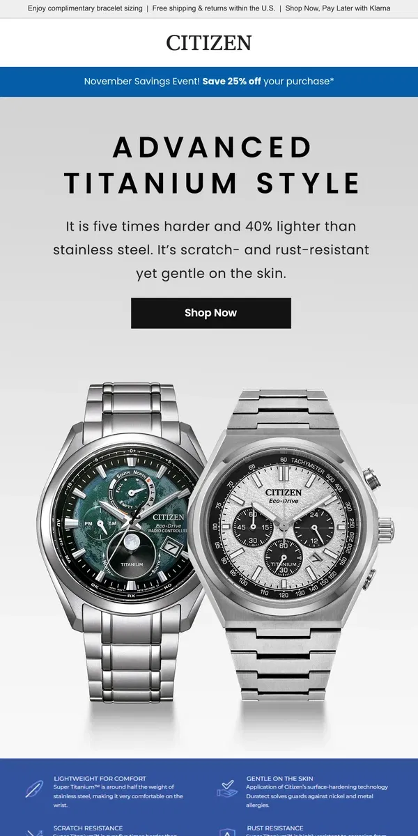 Email from Citizen Watch. Super Titanium™ styles pushing the boundaries of style and innovation