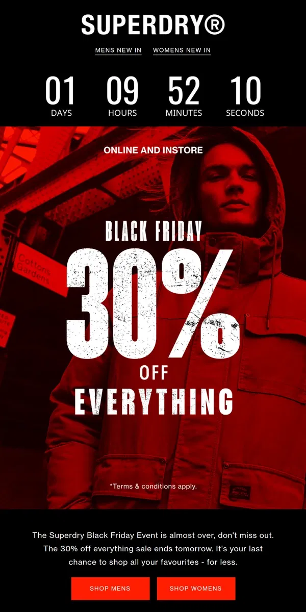 Email from Superdry. Act Fast: 30% Off Everything Ends Tomorrow​