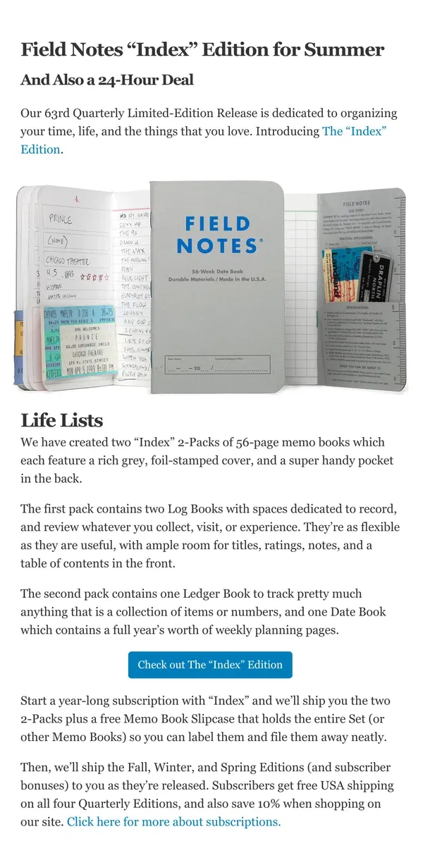 Email from Field Notes. Field Notes “Index” Edition for Summer