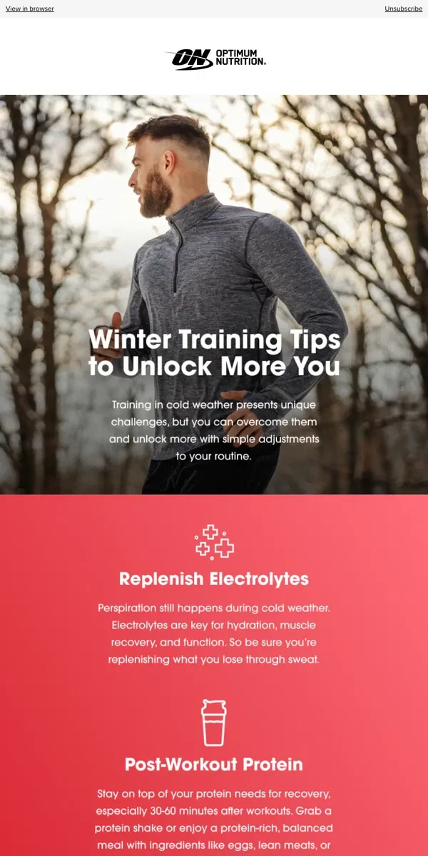 Email from Optimum Nutrition. Unlock Cold Weather Training Tips 🔐❄️