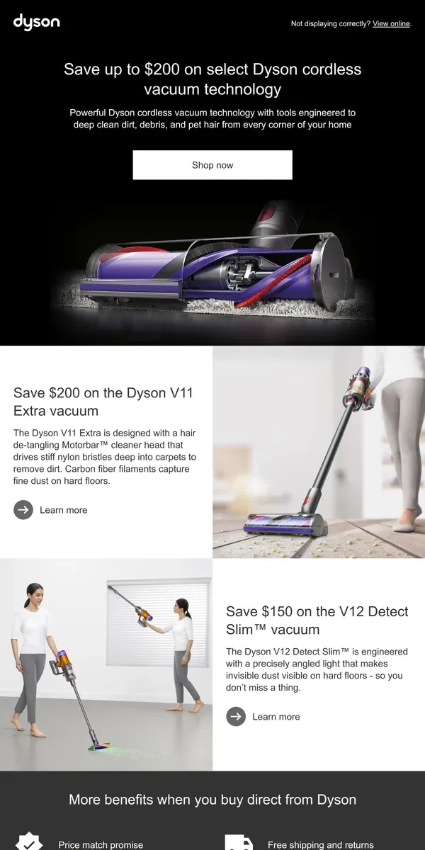 Email from Dyson. Limited time offer. Save up to $200 on select Dyson floorcare technology.