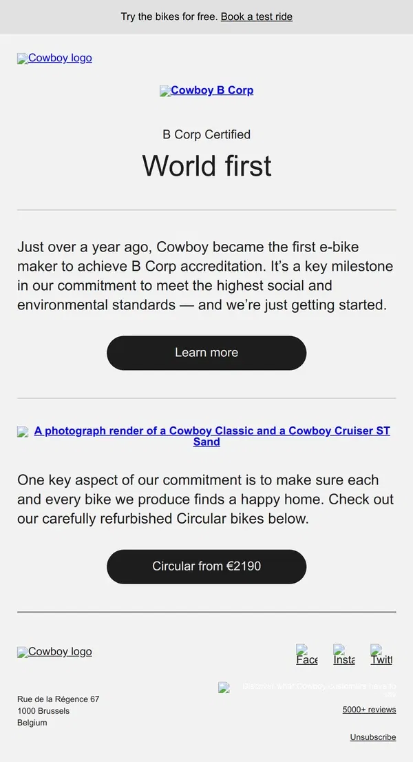 Email from Cowboy. Celebrating one year as a B Corp