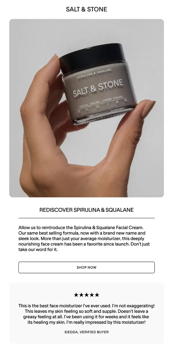 Email from SALT & STONE. The Spirulina & Squalane Facial Cream