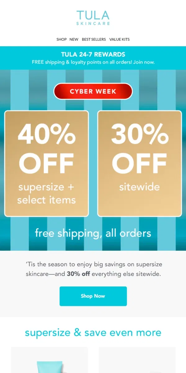 Email from TULA Skincare. Glowing deals sitewide