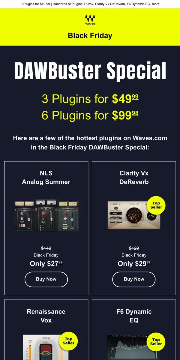 Email from Waves Audio. Black Friday DAWBuster ⚡️ Supercharge Your Plugin Power