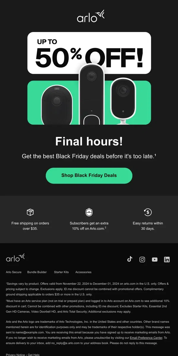 Email from Arlo. Black Friday deals disappear soon.