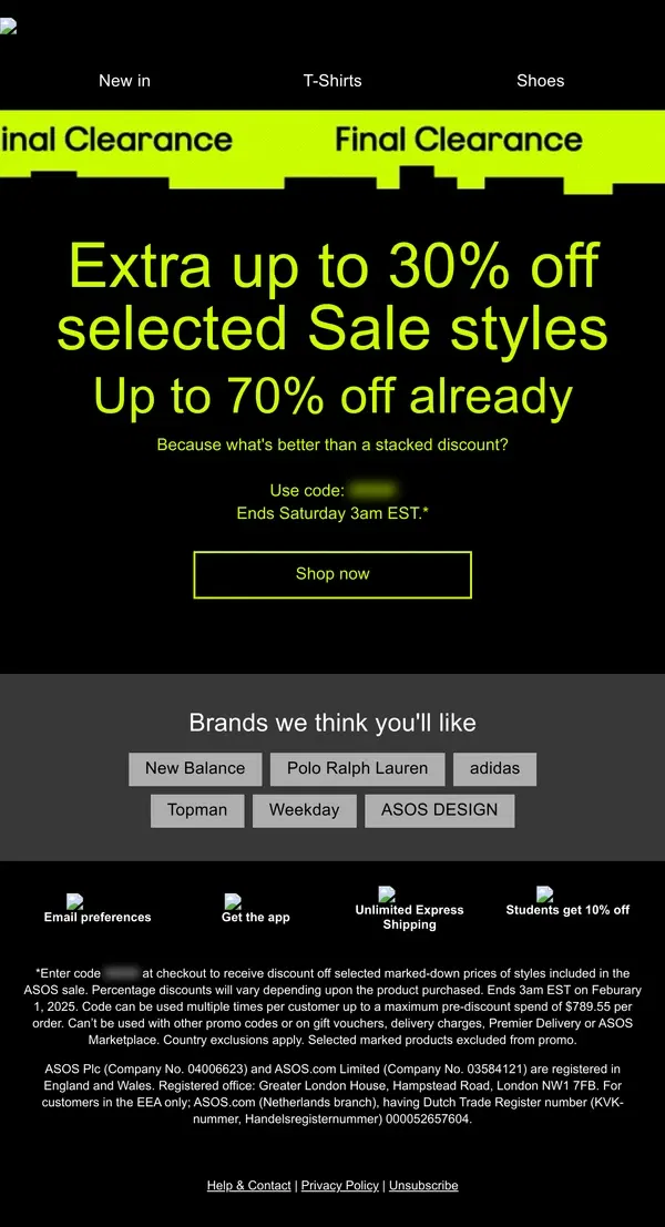 Email from ASOS. Extra up to 30% off selected Sale styles