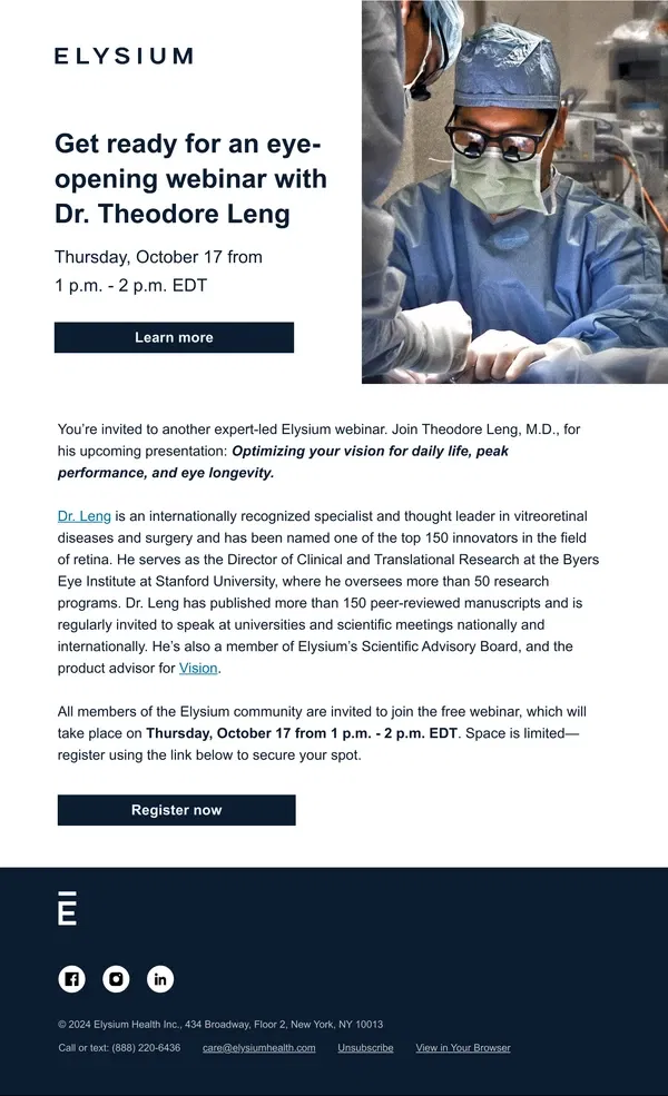 Email from Elysium Health. You’re invited: Eye longevity + performance with Dr. Theodore Leng