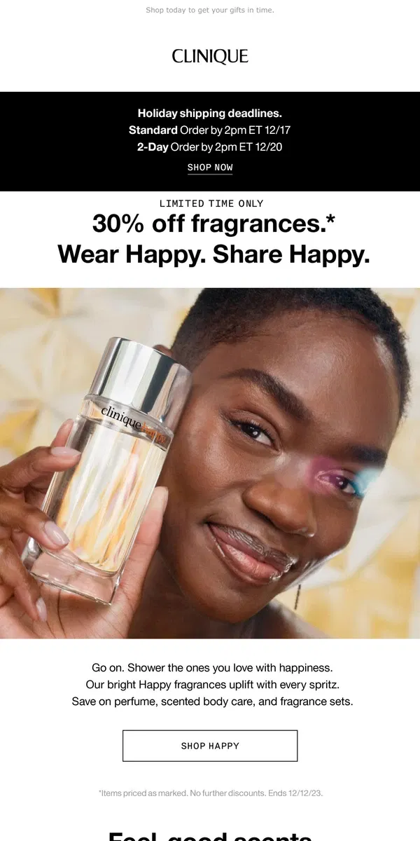 Email from Clinique. Time is running out. SAVE 30% NOW on fragrance gifts.