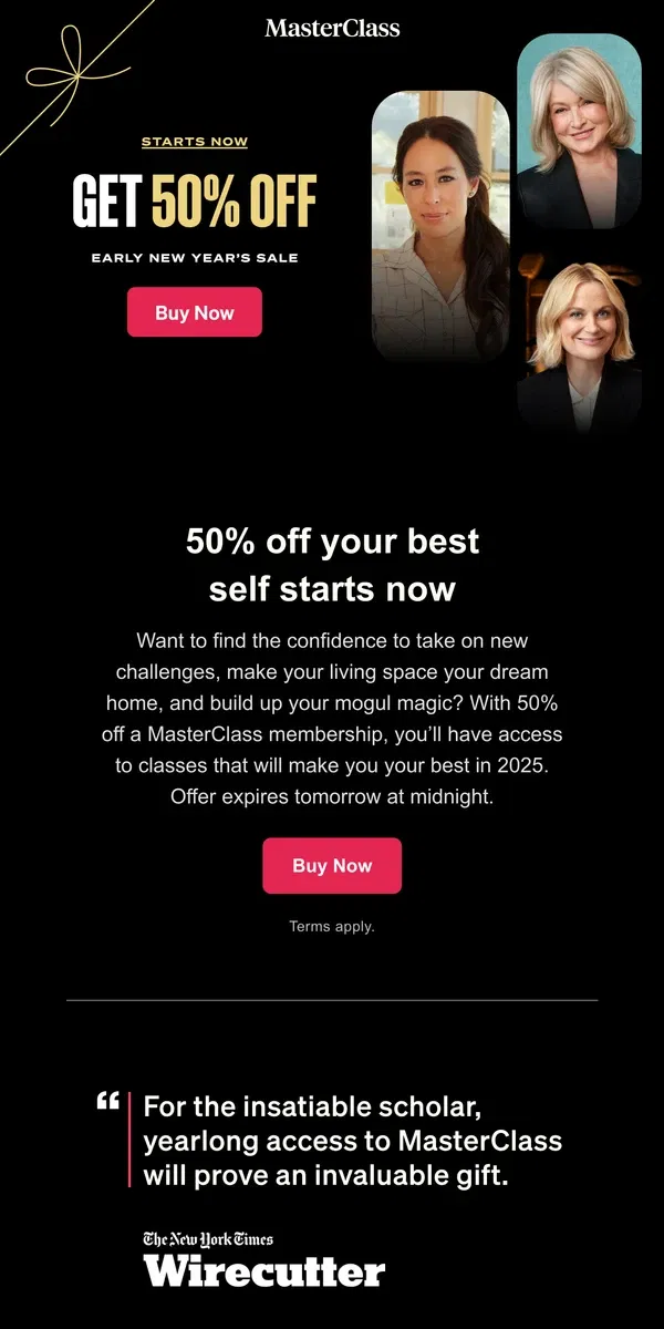 Email from Masterclass. Our Early New Year’s Sale: 50% off