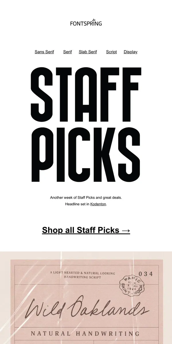 Email from Fontspring. Staff Picks | Fontface