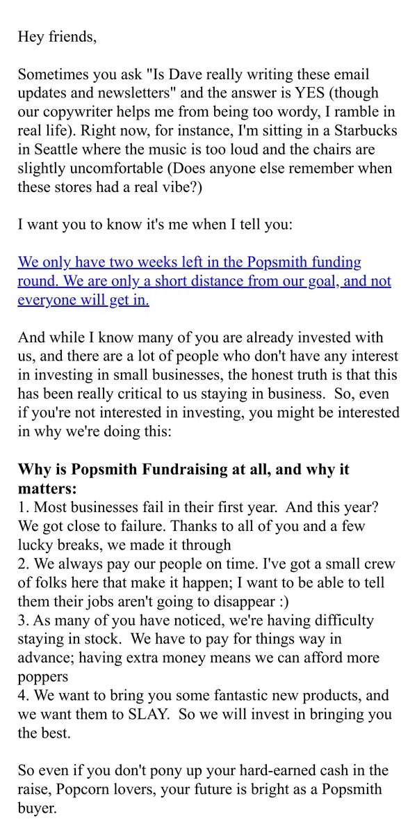 Email from Popsmith. 2 Weeks to go! Only $100K left!