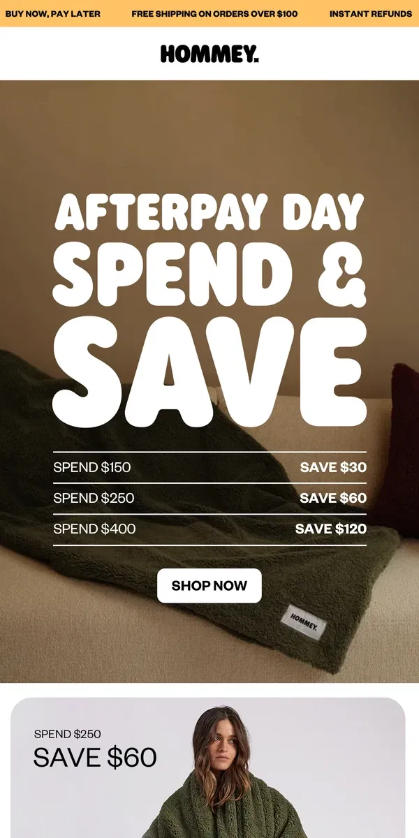 Email from Hommey. Afterpay Day Spend & Save ☁️