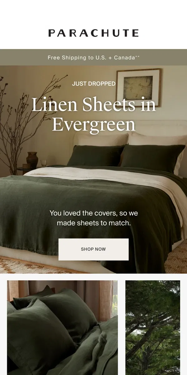 Email from Parachute Home. By Popular Demand: Evergreen Linen Sheets