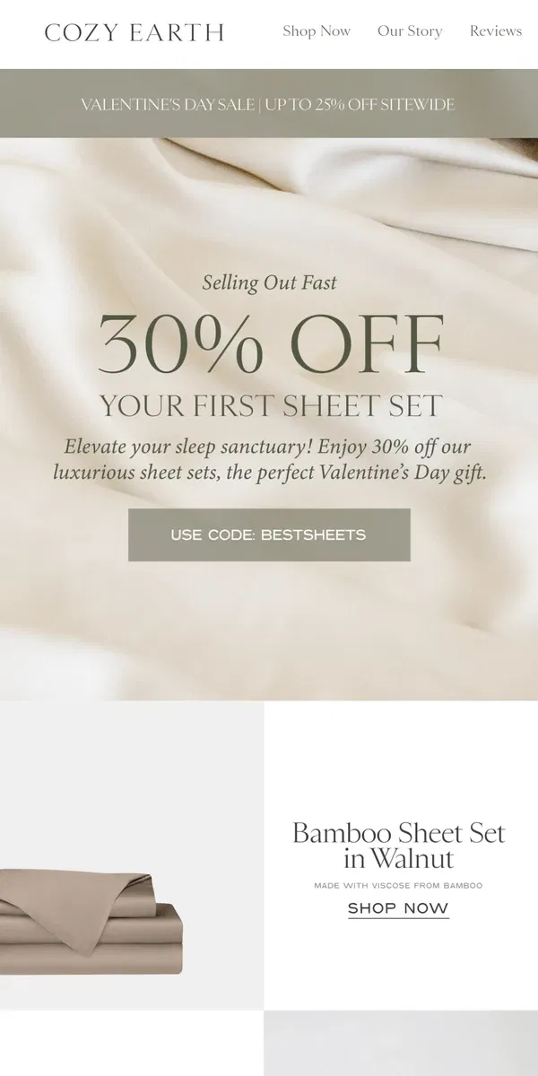 Email from Cozy Earth. Shop 30% Off Your First Sheet Set