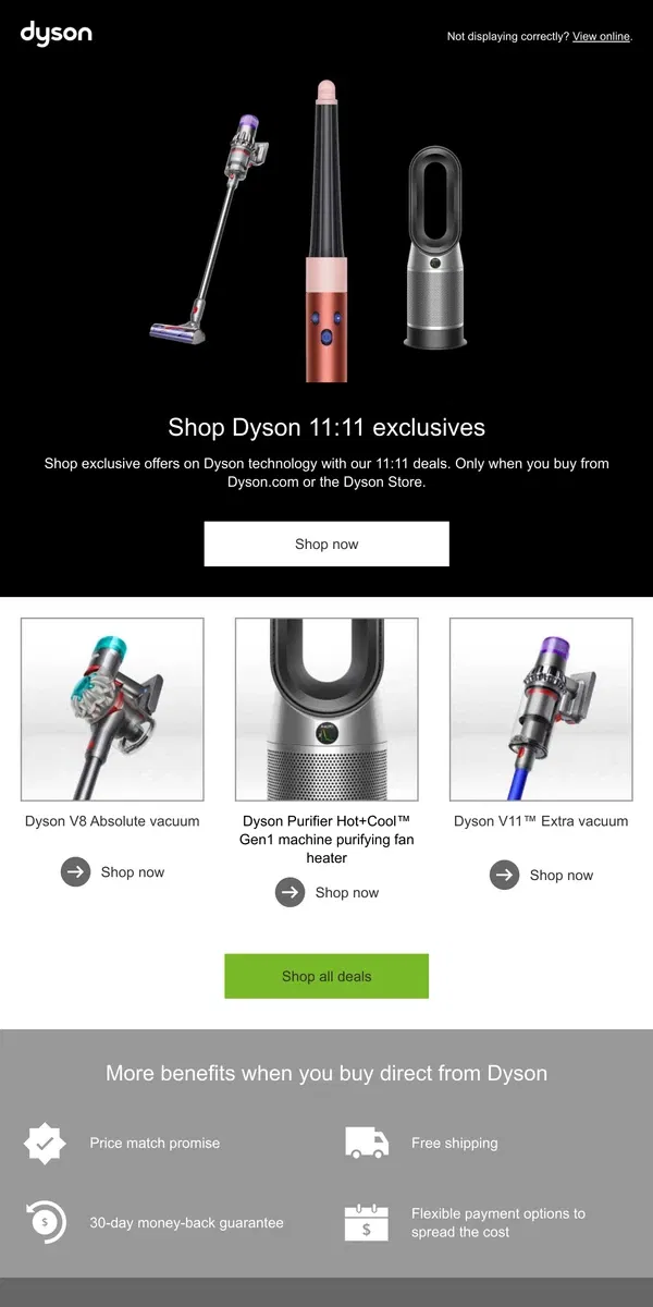 Email from Dyson. Dyson 11:11 deals are here