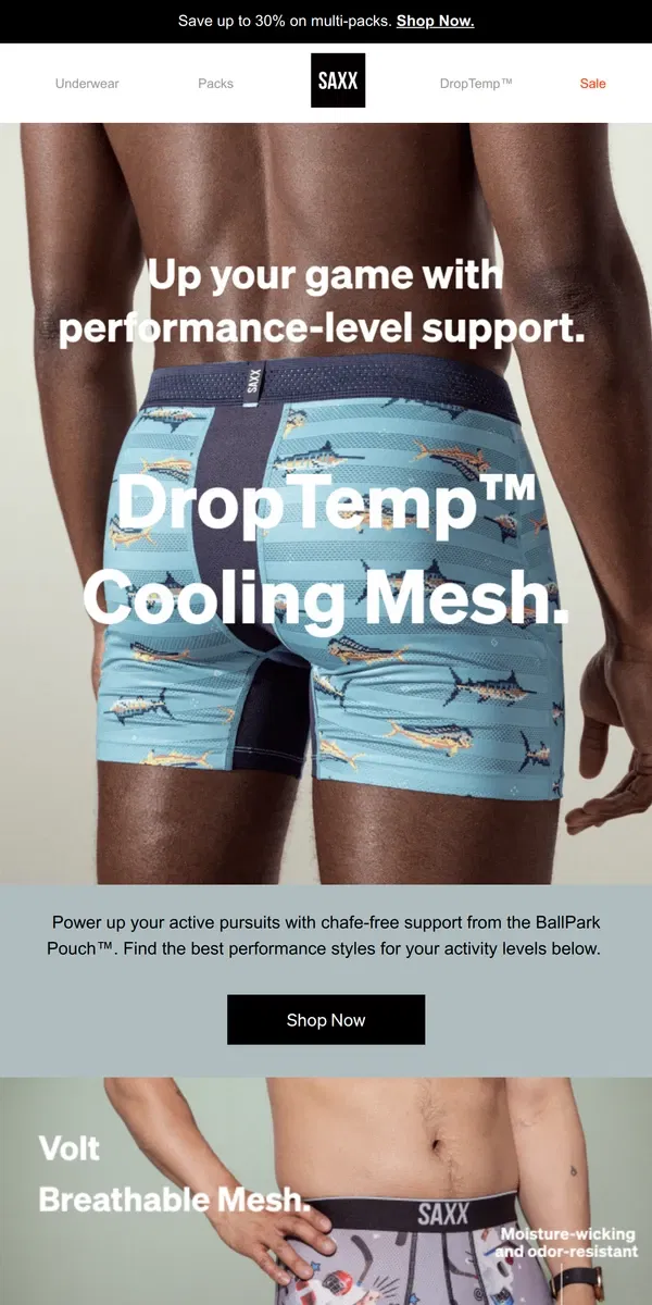 Email from SAXX Underwear. Power up in premium performance pairs