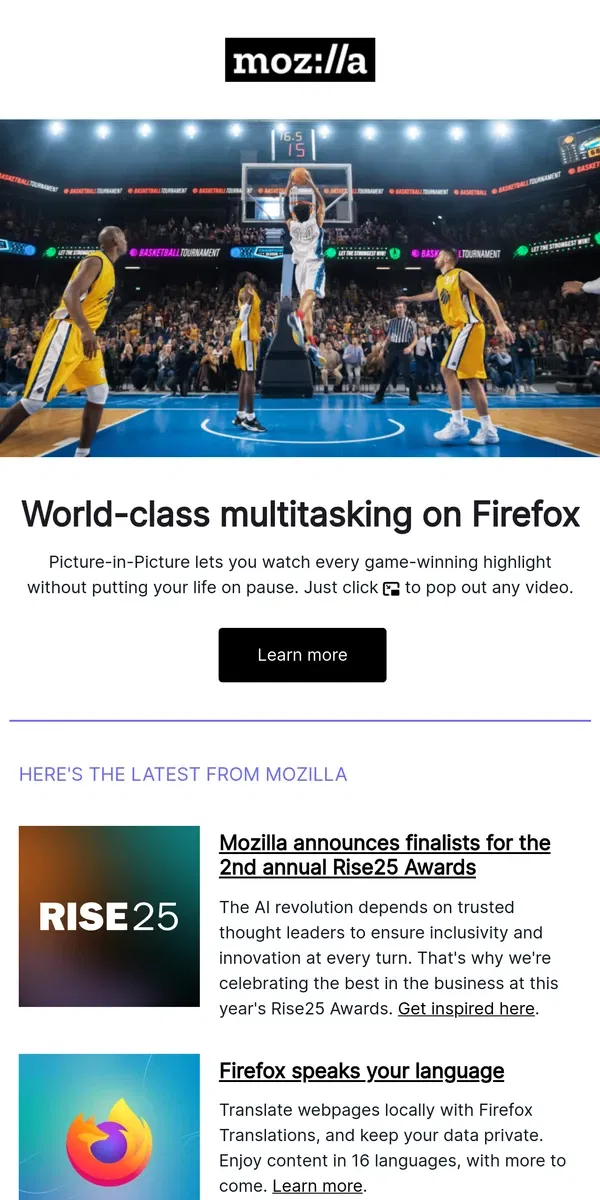 Email from Mozilla. Never miss a moment with Firefox's Picture-in-Picture