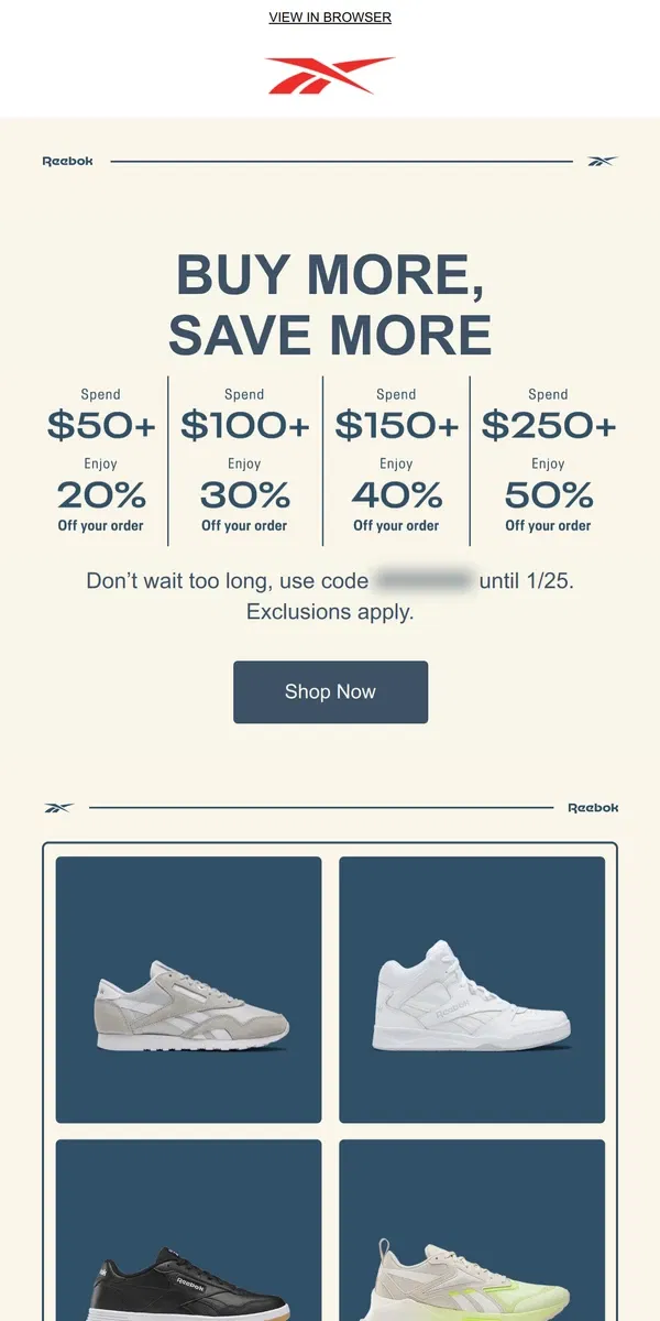 Email from Reebok. Up to 50% off happing now