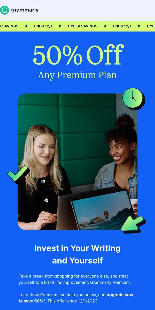 Email from Grammarly. Cyber savings are here 🥁