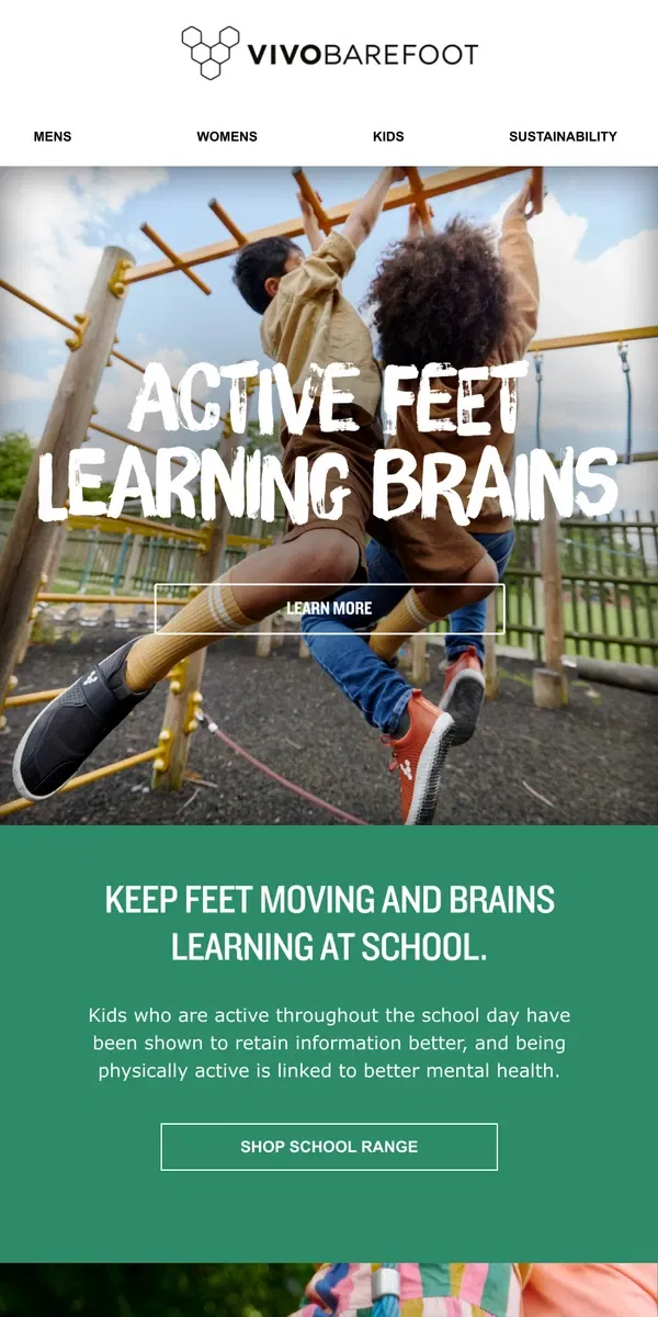 Email from Vivobarefoot. Active feet and learning brains