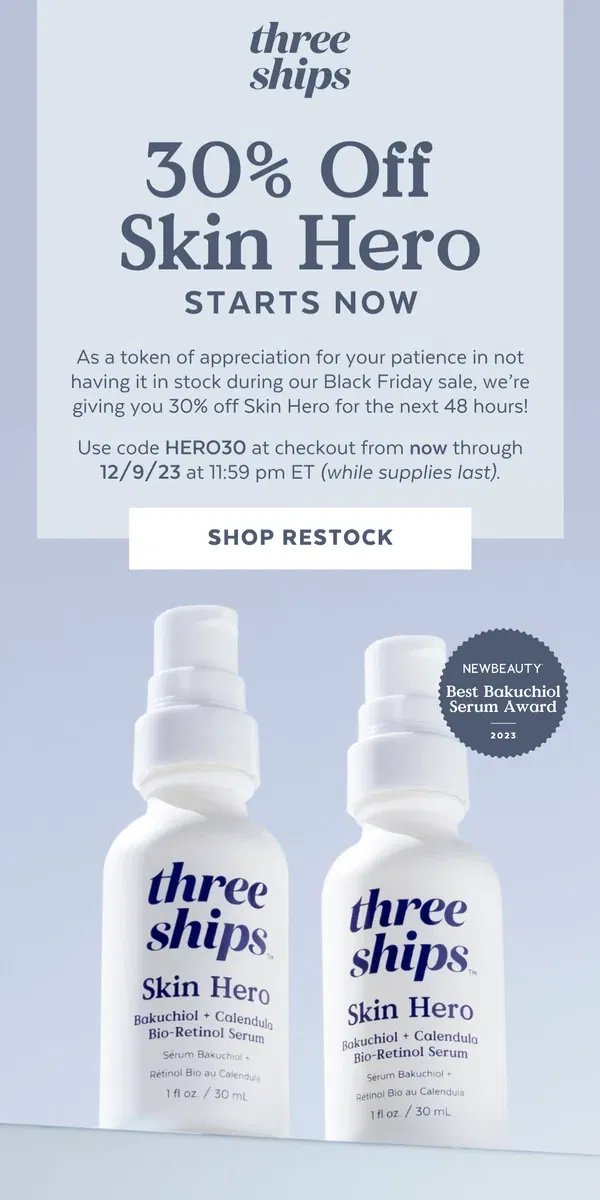 Email from Three Ships Beauty. 🚨 Skin Hero Flash Sale