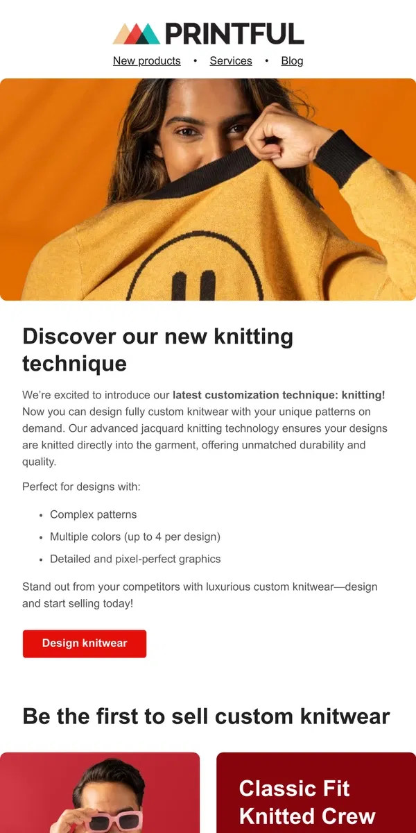 Email from Printful. Introducing custom knitwear 🧶