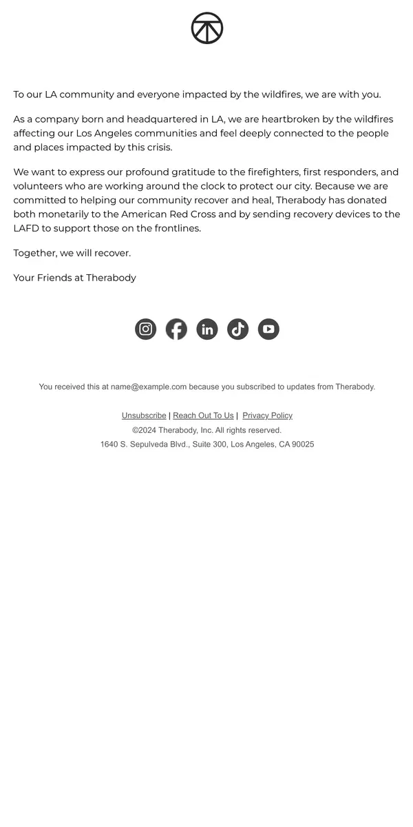 Email from Therabody. LA, our hearts are with you