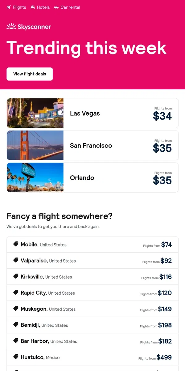 Email from Skyscanner. Las Vegas from $34 and more ✈️