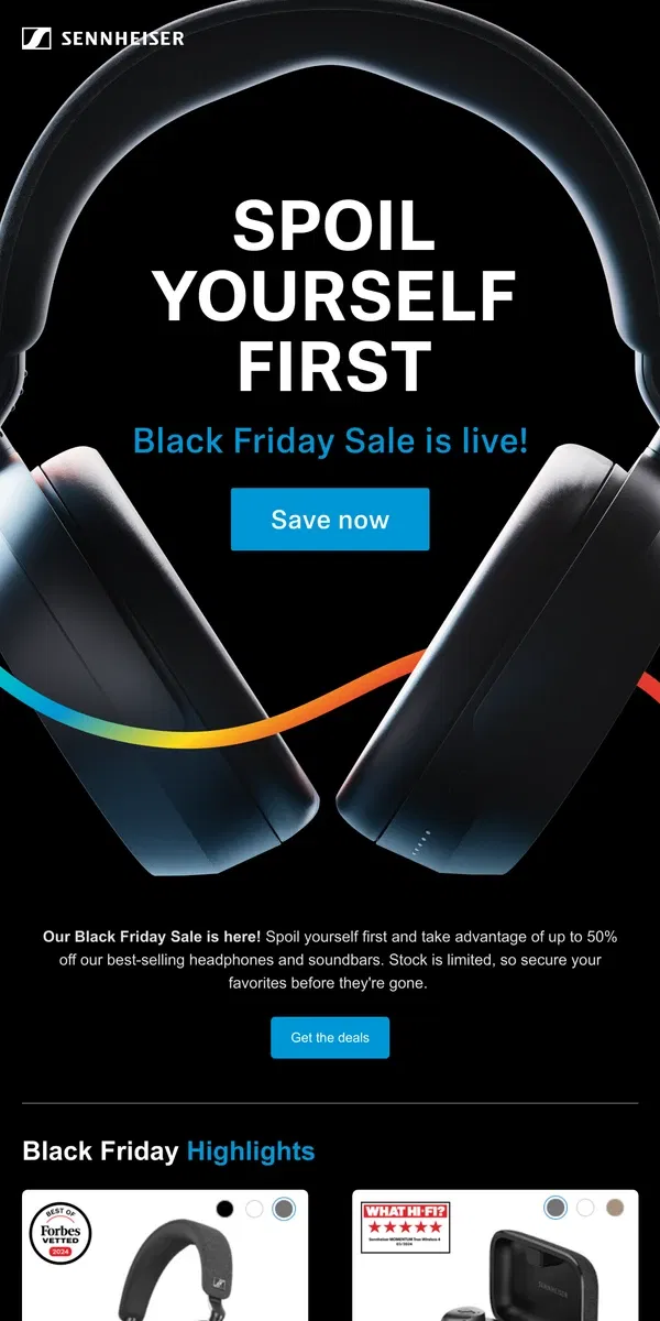 Email from Sennheiser. Black Friday Sale is live!