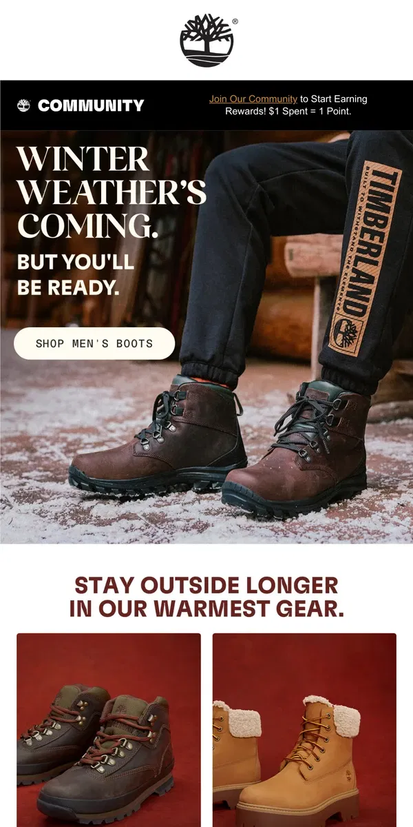 Email from Timberland. Stay Outside Longer In Our Winter Gear!