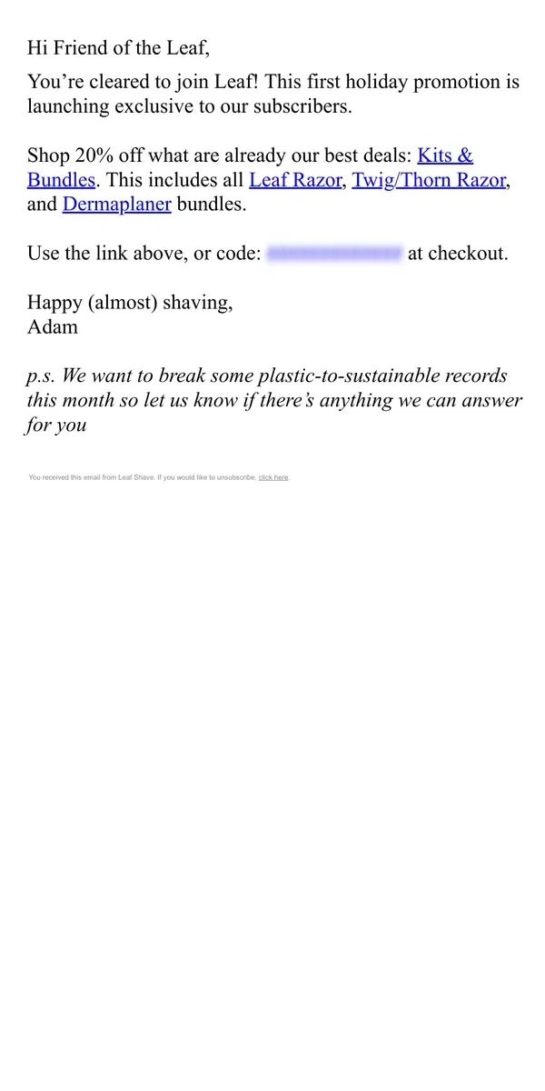 Email from Leaf Shave. Get 20% off on top of bundle and set savings