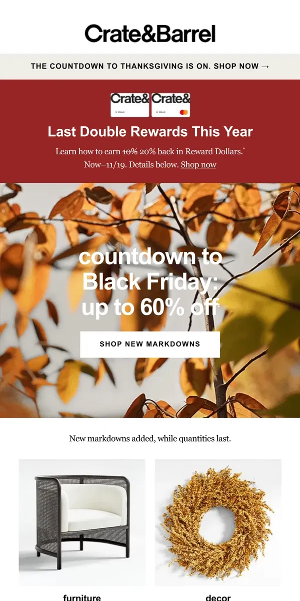 Email from Crate & Barrel. Countdown to Black Friday: Up to 60% off + Double Rewards