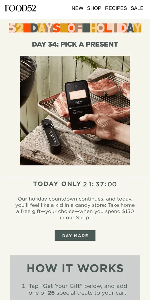 Email from Food52. Pick one of 26 free gifts 💝