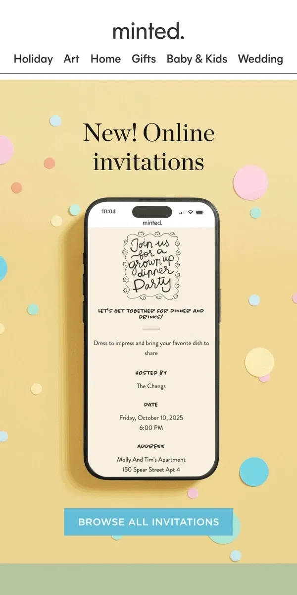 Email from Minted. New! Online invitations 📲