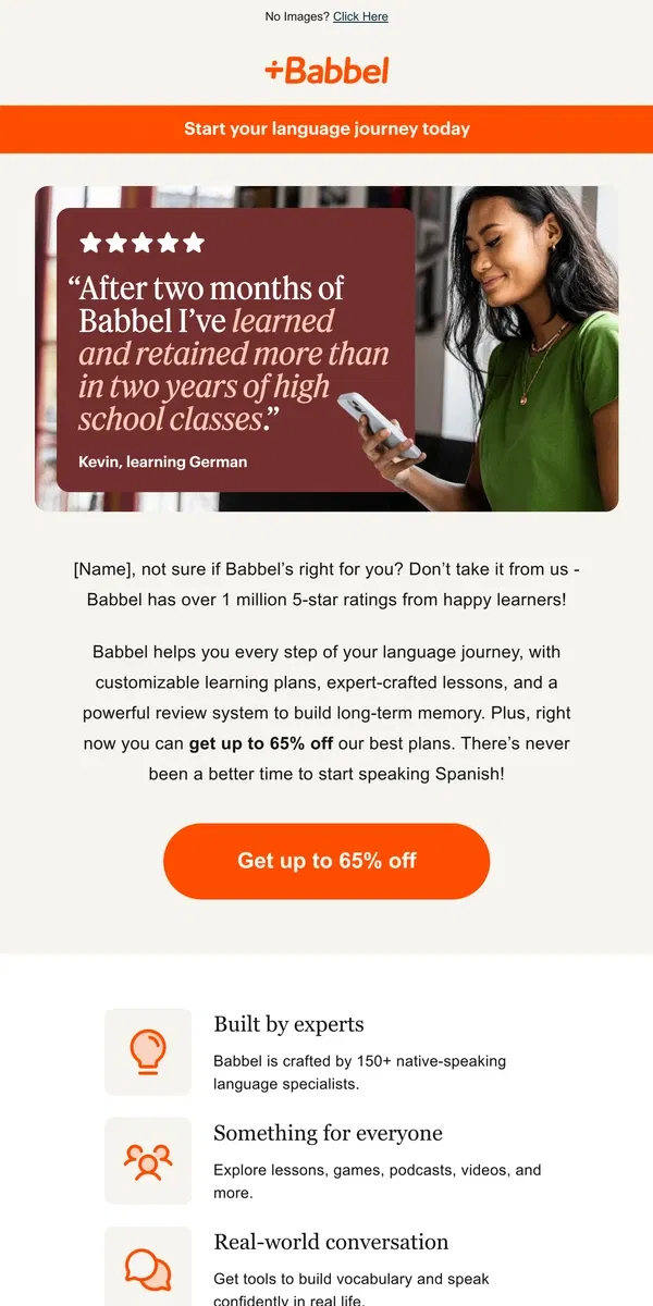 Email from Babbel. Learn Spanish + 65% off = ⭐⭐⭐⭐⭐