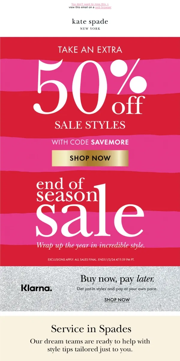 Email from Kate Spade. Get your last gifts with an extra 50% off sale