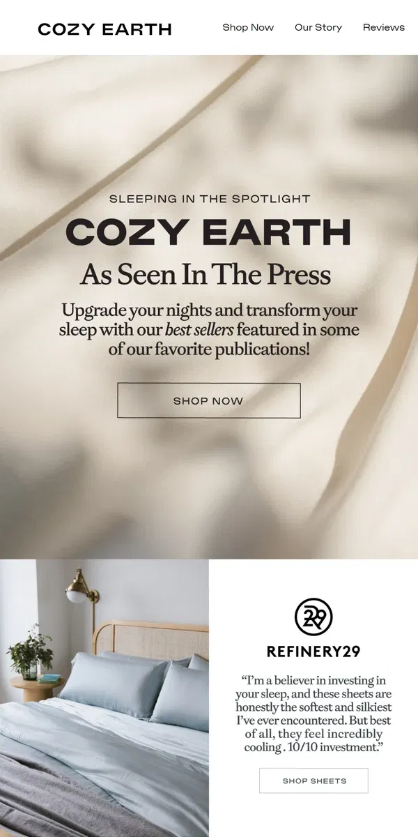 Email from Cozy Earth. Sleeping In The Spotlight