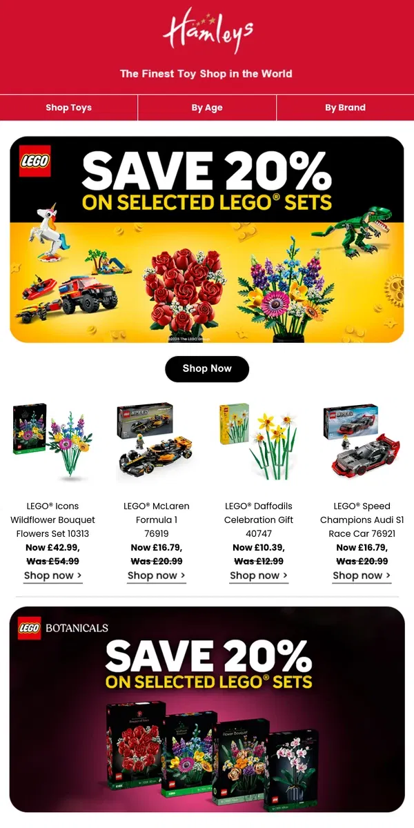 Email from Hamleys. Last Chance! 20% Off Selected LEGO Sets for Valentines!