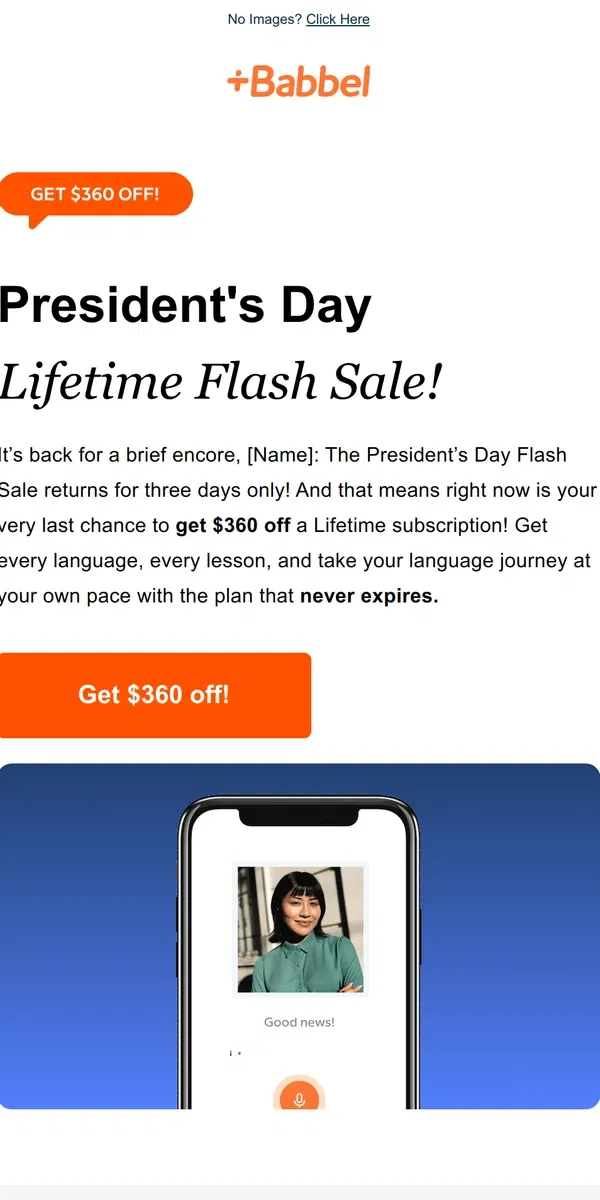 Email from Babbel. Our Lifetime offer is back.